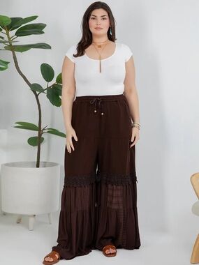 YOUNG THREADS Truffle Brown Wide Leg Tiered Pants